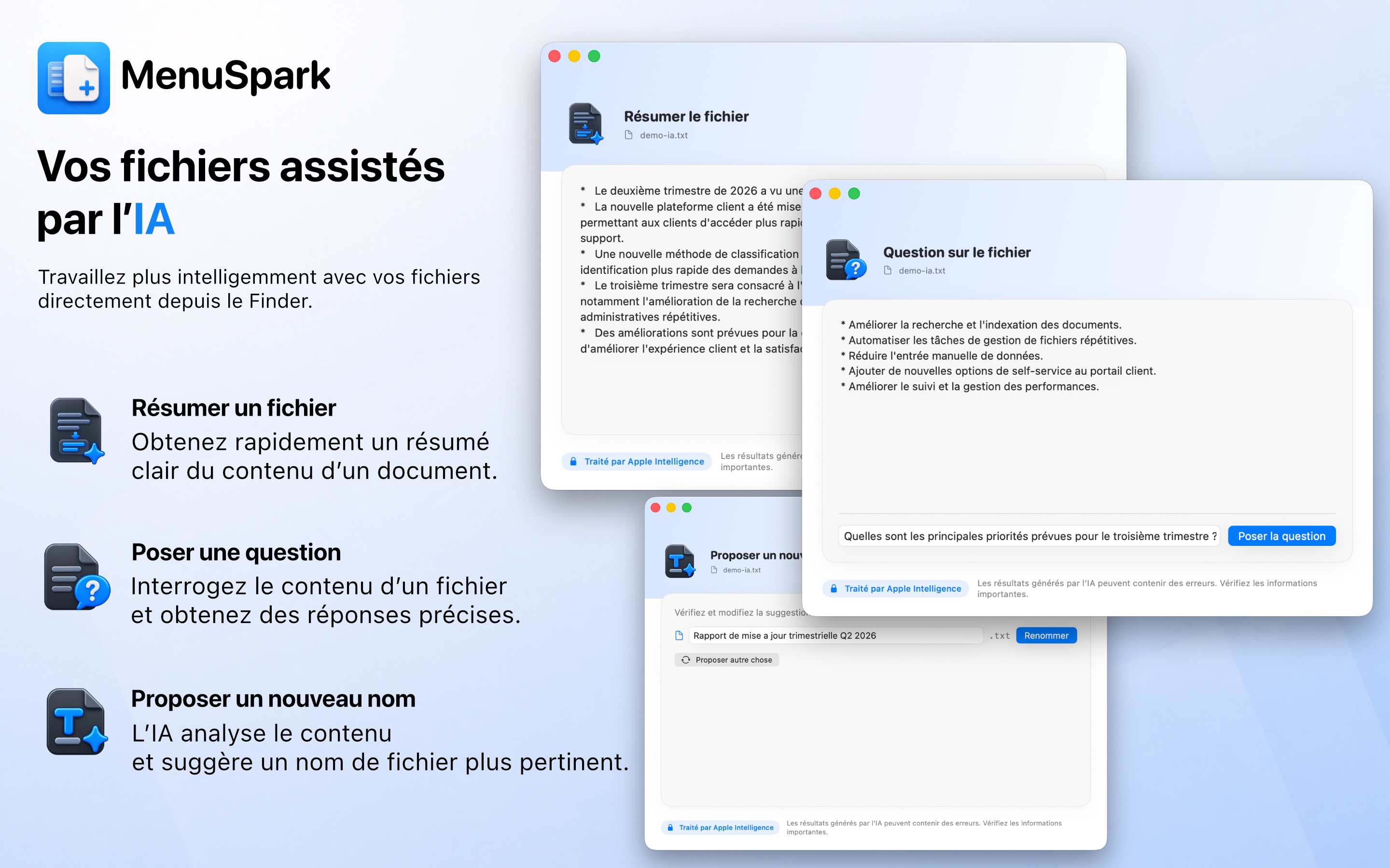 Aperçu des fonctionnalités Apple Intelligence de MenuSpark