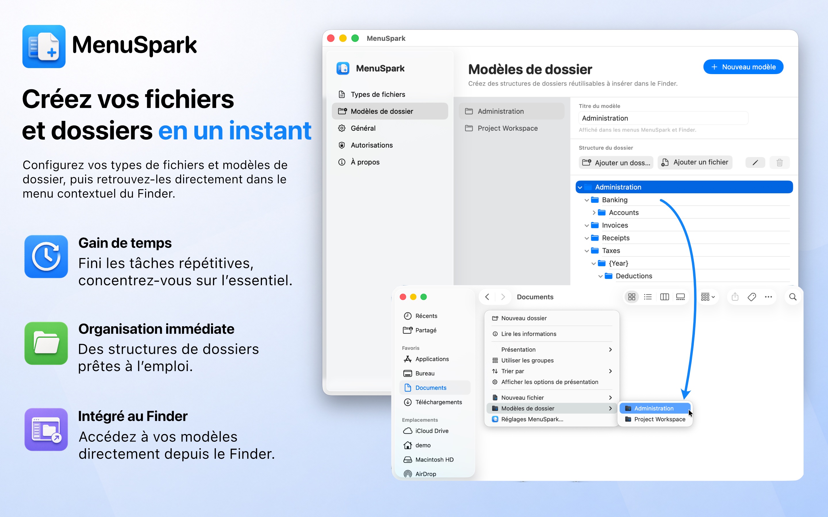 Capture de MenuSpark montrant la création d’un dossier depuis le Finder